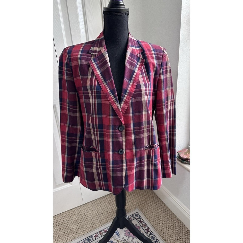 Vintage Donnkenny Red Blue Tartan Plaid Blazer Women's Cotton Blend Sz M-L